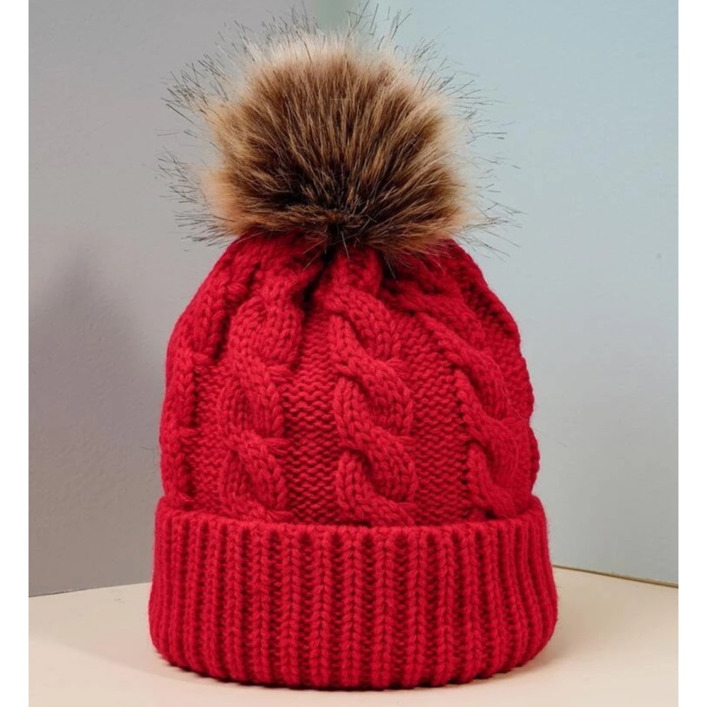 Red Pom-pom decor beanie hat. One size fits all.